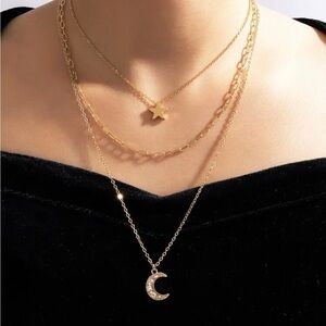 GOLD Star Rhinestone Moon Layered Necklace